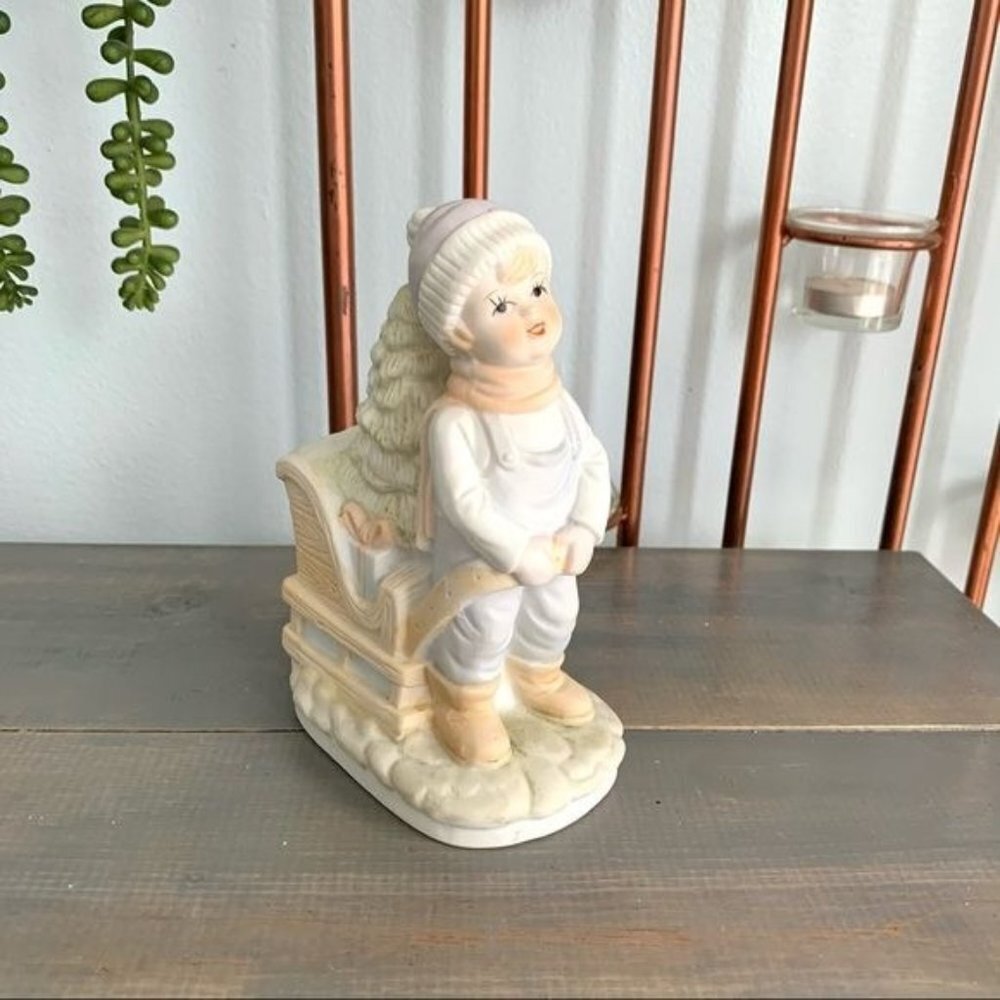 Vintage Christmas Boy Figurine Tree in a Wagon Holiday Decor Gift Idea